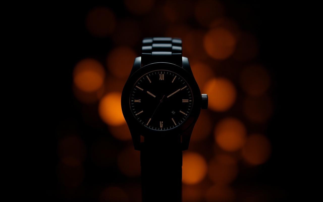 Andrina Yvette , abstract dark wristwatch silhouette with warm copper bokeh