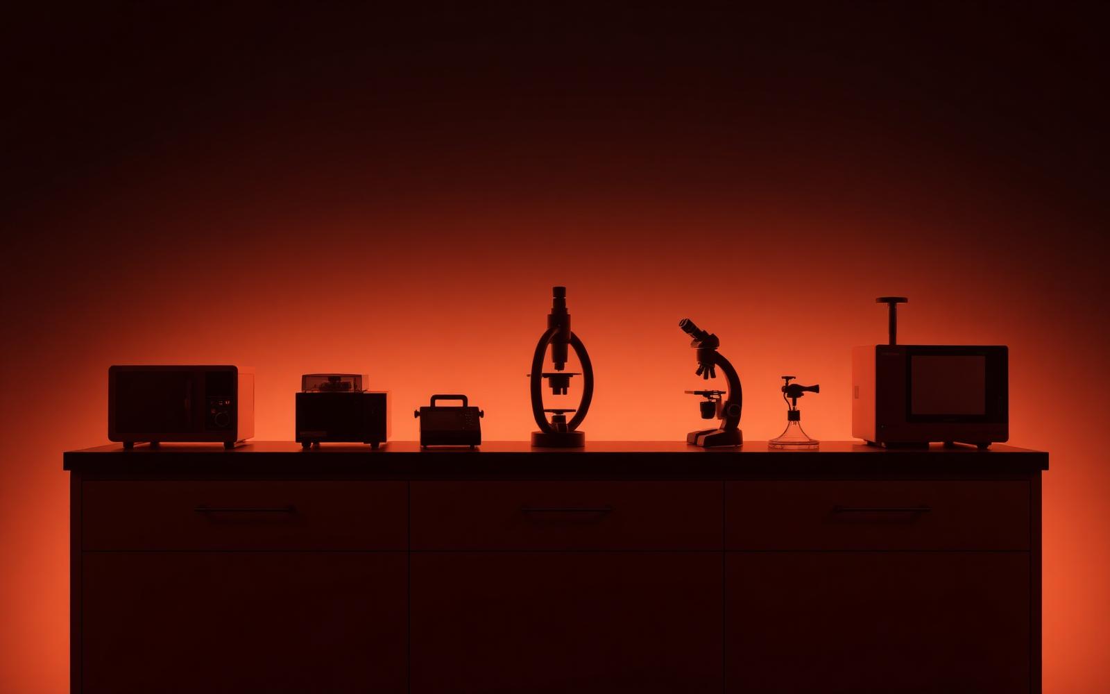 BT Lab Systems , silhouetted benchtop laboratory equipment on a bench lit by warm copper light