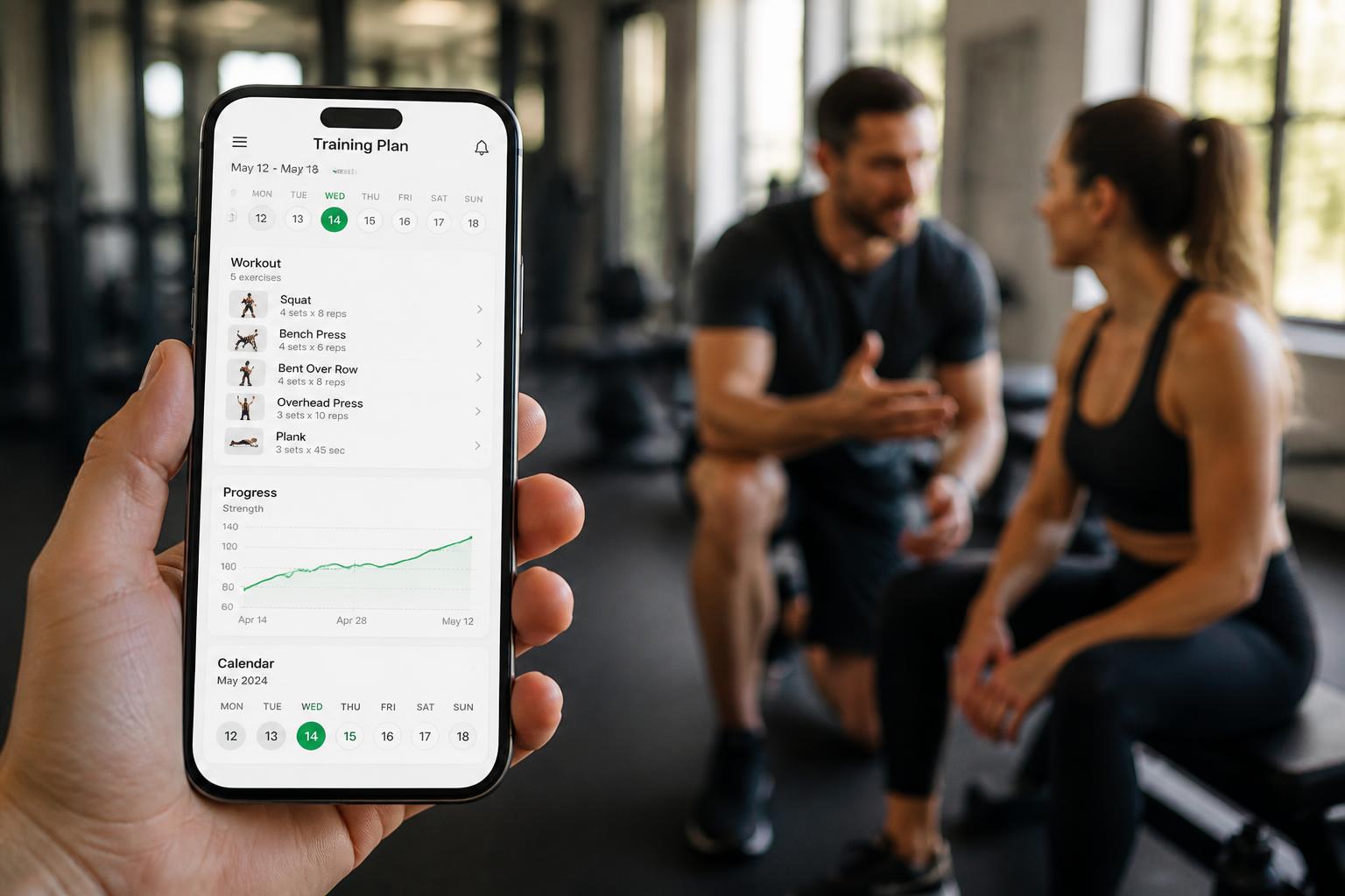 Fit4U , fitness training app on smartphone with trainer in background