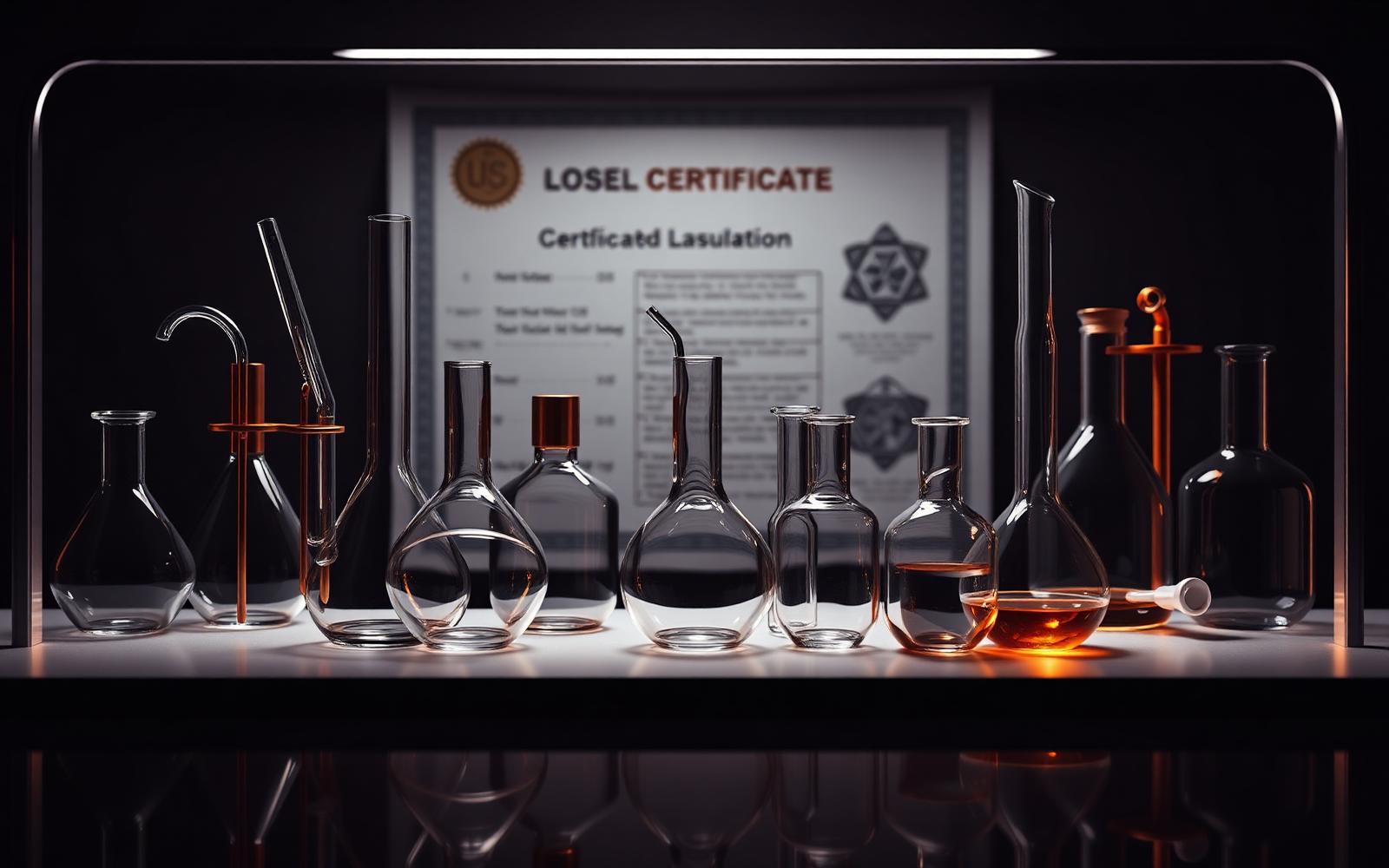Gbiosciences , laboratory glassware arranged with a product certificate in the background