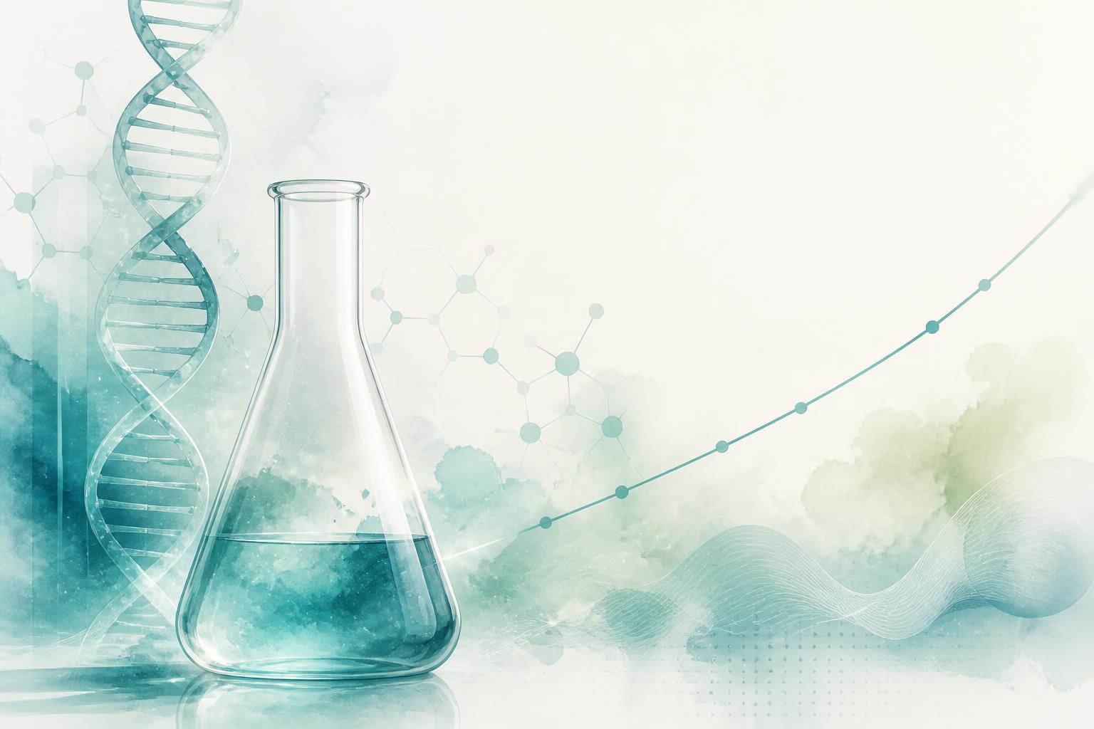 G-Biosciences , laboratory flask, DNA helix and molecular motifs in teal evoking life sciences research