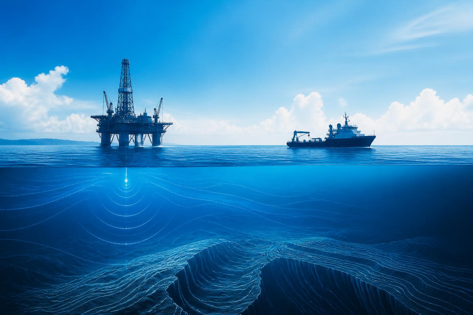 GEMS Nigeria , offshore drilling rig and survey ship with seismic waves beneath a bright tropical sky