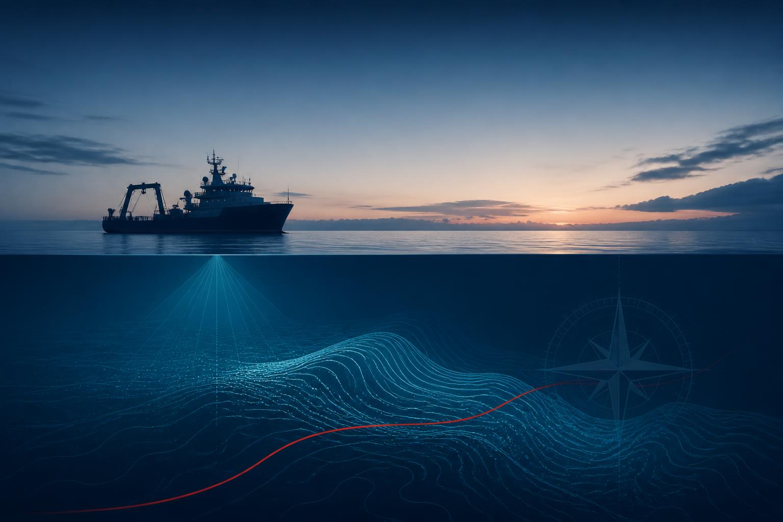 Geo Alliance , offshore survey vessel at dusk above bathymetric contours and a compass rose, navy with a red accent