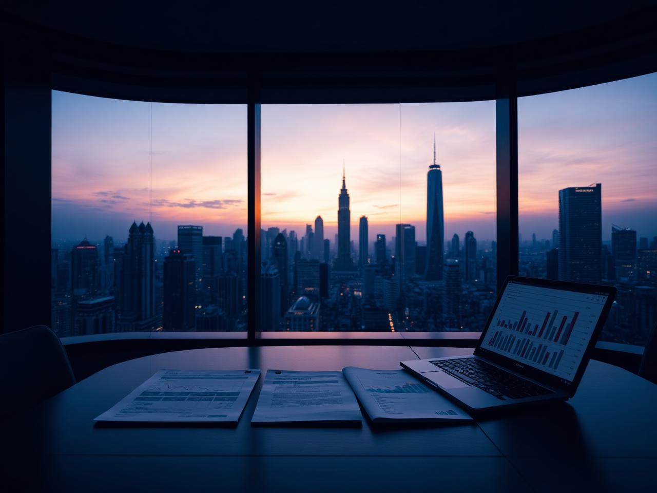 Gordian Capital , Asian financial district skyline at dusk with fund management documents