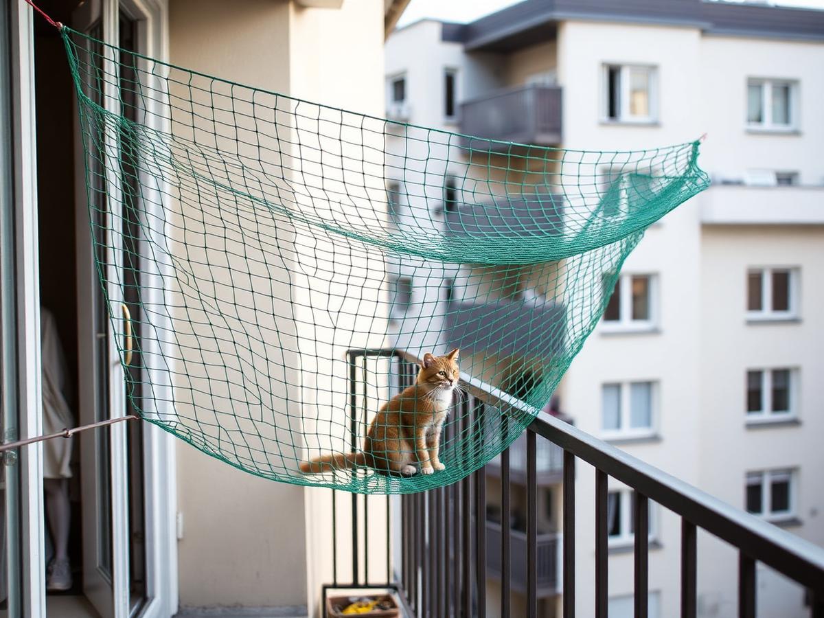 Katzennetze.net , custom safety net stretched across a balcony with a cat behind it