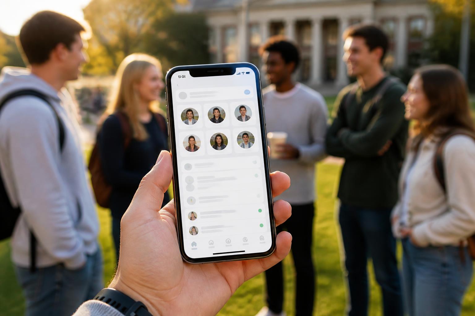 MyFrat , fraternity community app on smartphone with college students in background