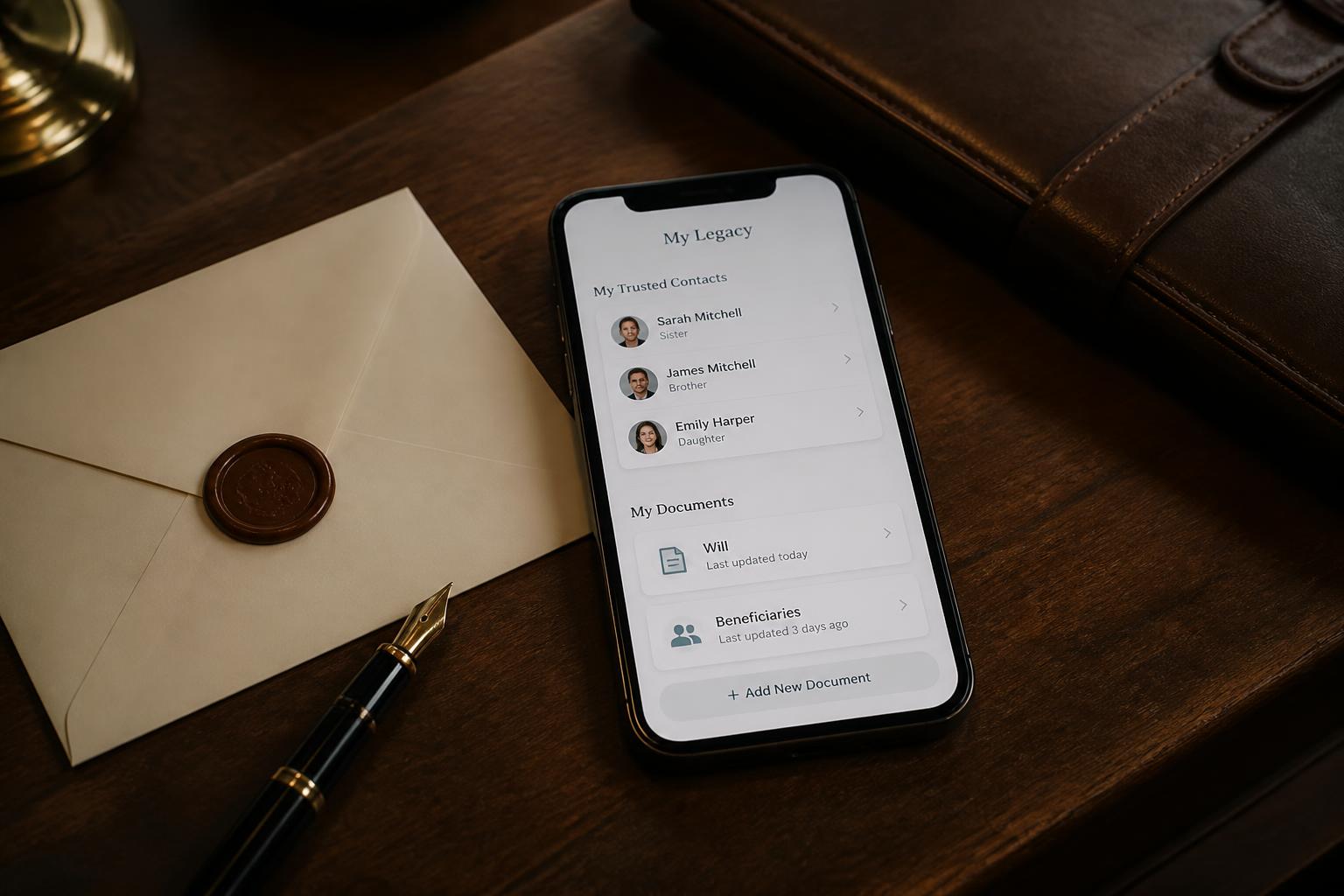 MyWill , digital legacy app on smartphone with envelope and document folder