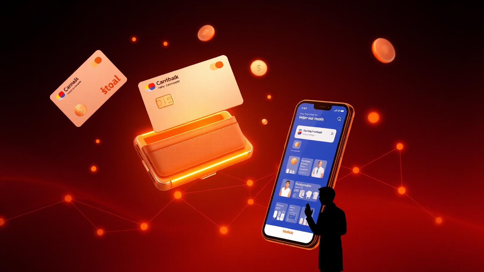 Paykini , abstract composition of bill payment cards, a glowing wallet with cashback coins, and a mobile app