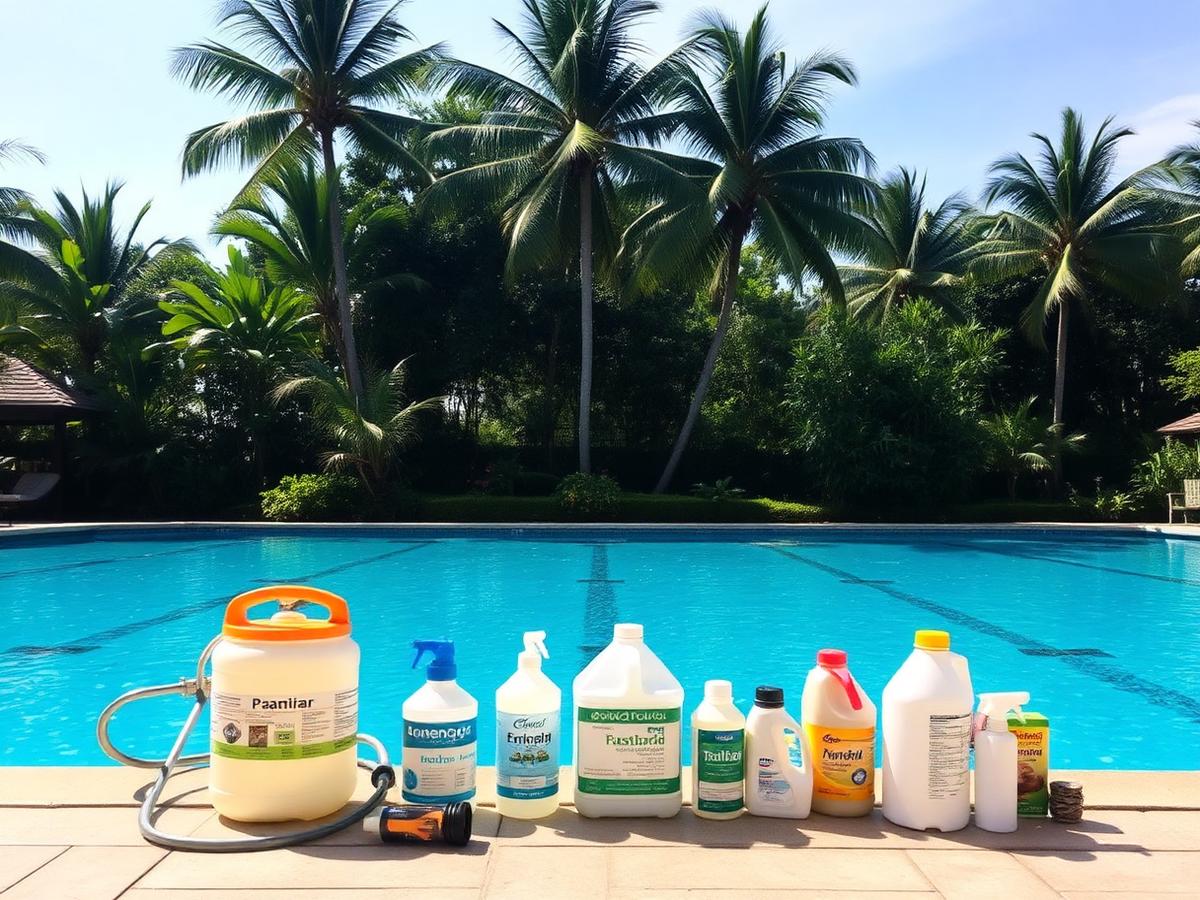 Swimming Pools Thailand , tropical pool with maintenance products arranged poolside