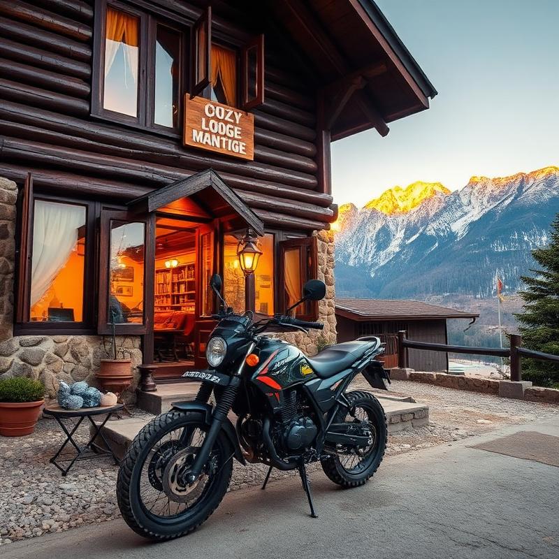 Rideinn , motorcycle parked outside a mountain lodge in Manali