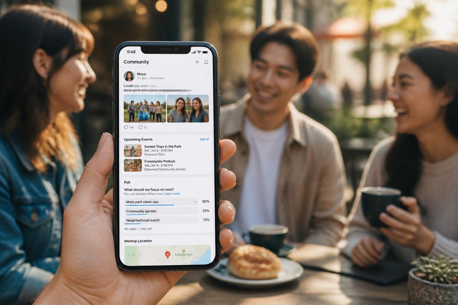 SocialHub , community app showing posts, events, polls, and map on smartphone