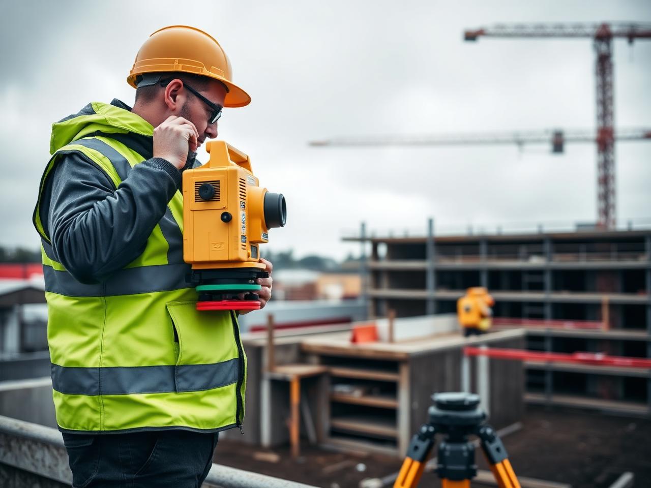 Survey Hire UK , chartered surveyor using a total station instrument on a UK construction site