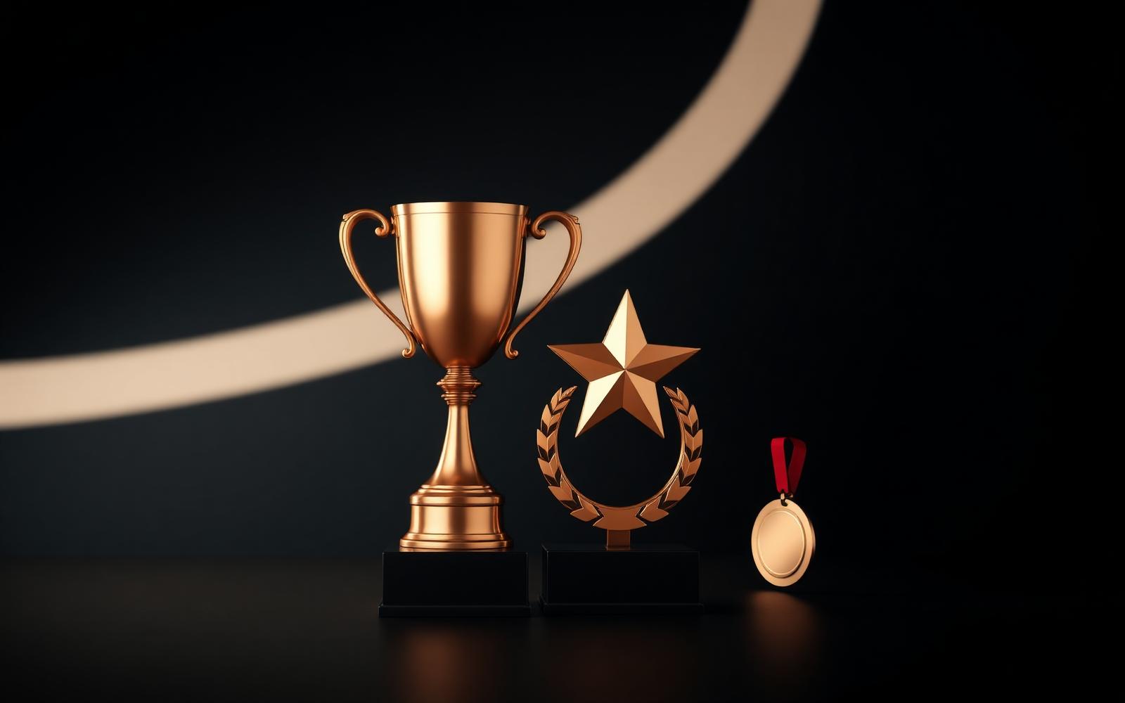 Top-Notch Trophies , copper trophy, star award, and medal arranged on a dark surface