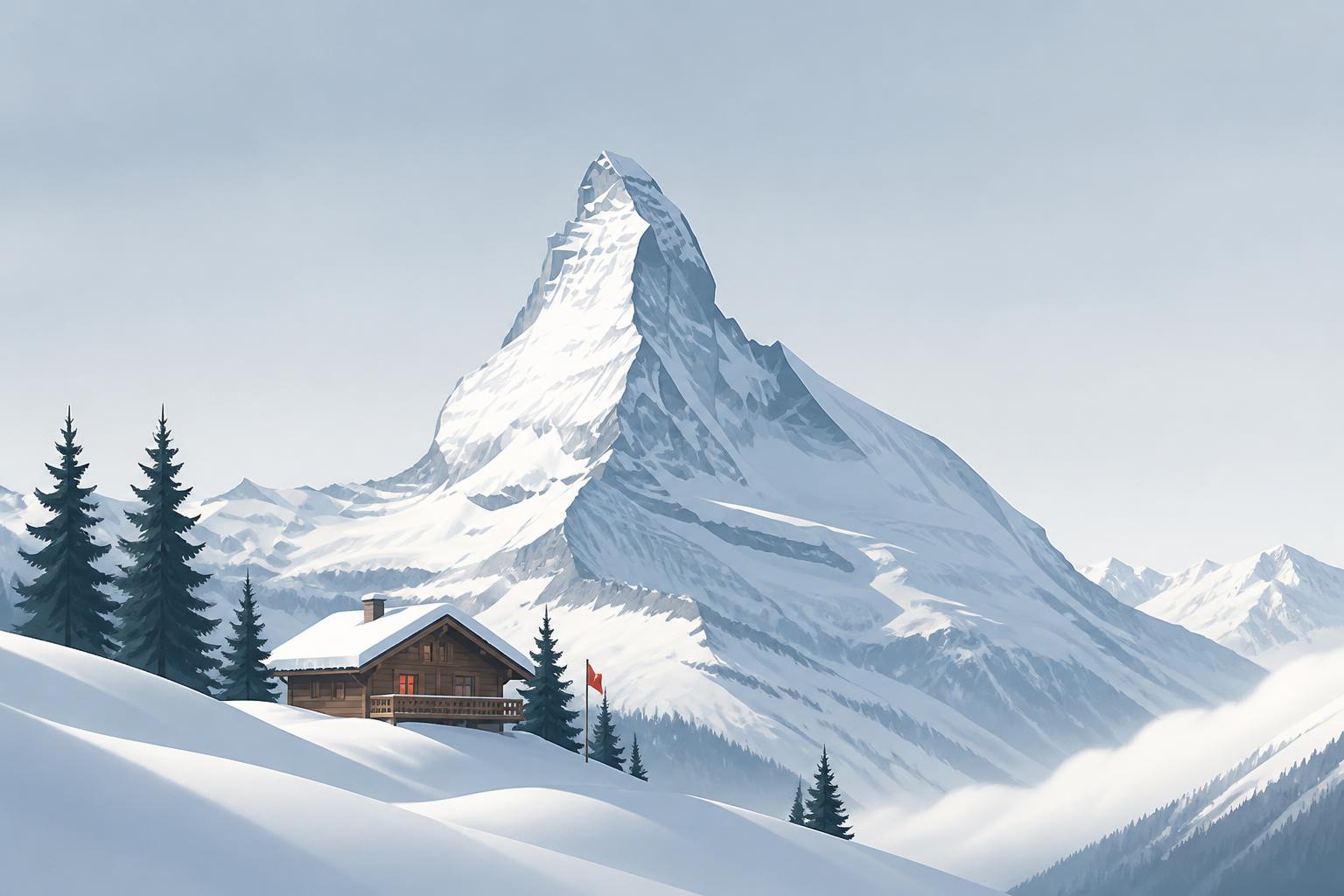Valle d'Aosta Vacanze , snow-capped alpine peak with a wooden chalet and a small red flag in the foreground
