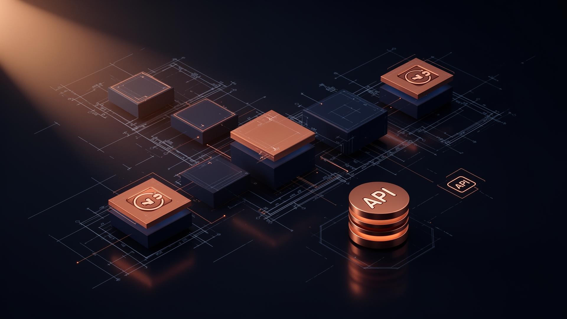 Abstract architectural visualization of a custom enterprise application , modular blocks, API connectors, database layers