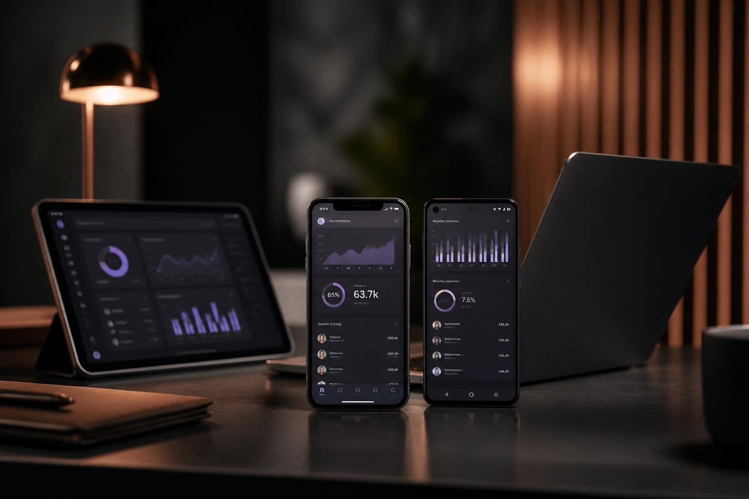 Native iOS and Android applications on smartphones with dashboard interfaces, warm copper light