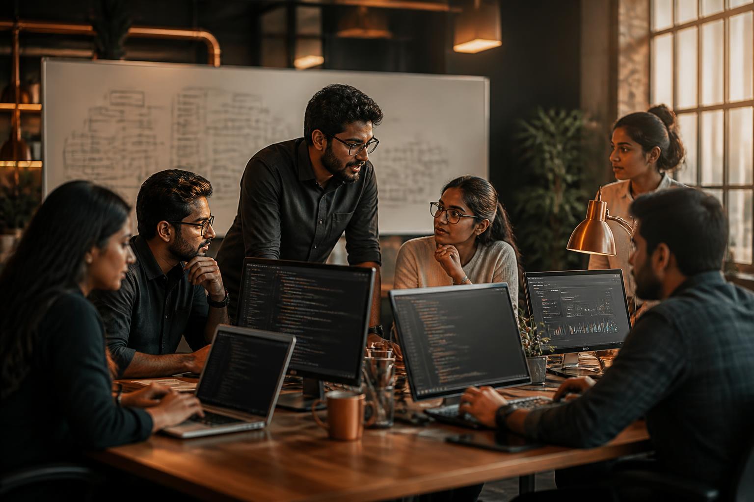 A multi-stack engineering team at Tecziq collaborating on a software build